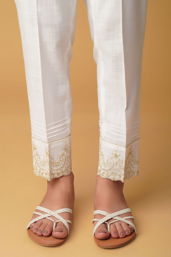 Embroidered Cotton Slub Cigarette Pants - White