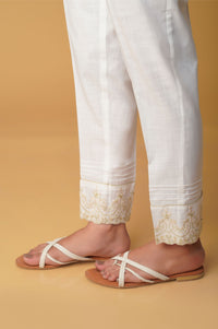 Embroidered Cotton Slub Cigarette Pants - White