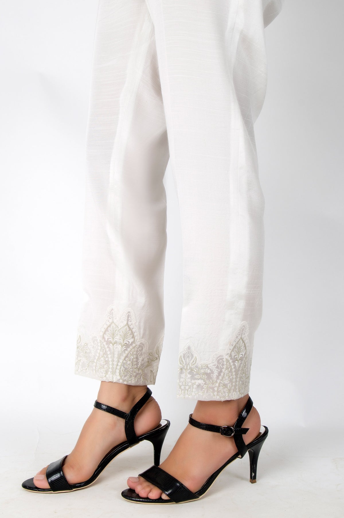 Embroidered Raw Silk Pants - White