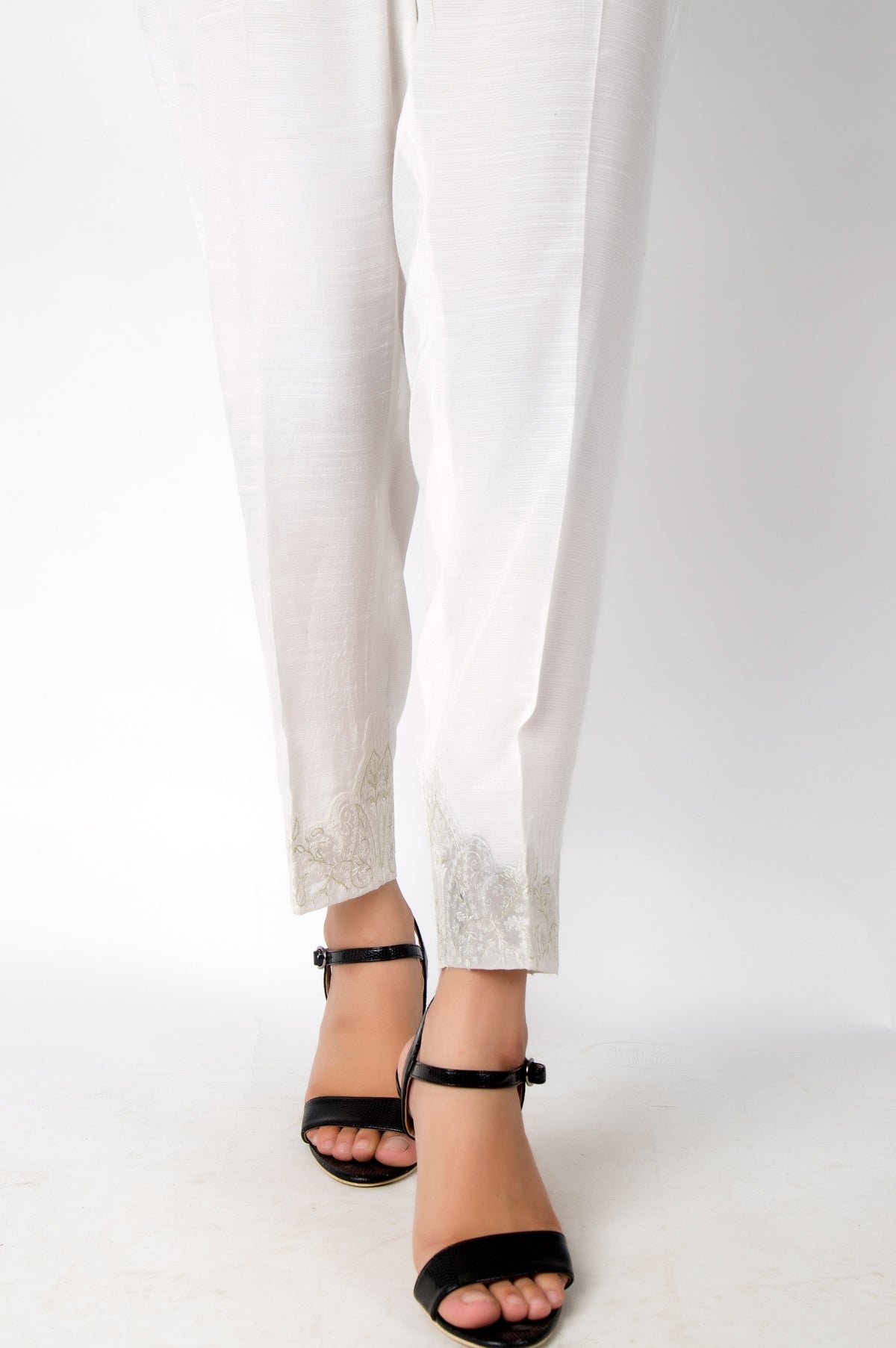 Embroidered Raw Silk Pants - White