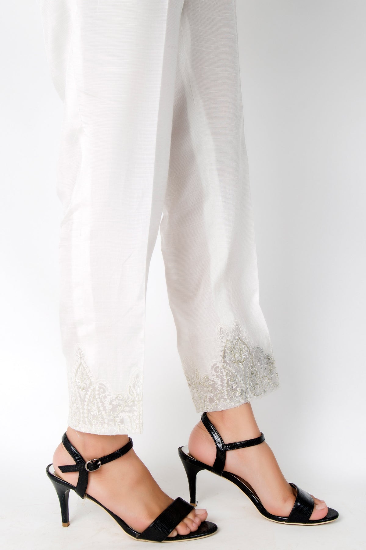 Embroidered Raw Silk Pants - White