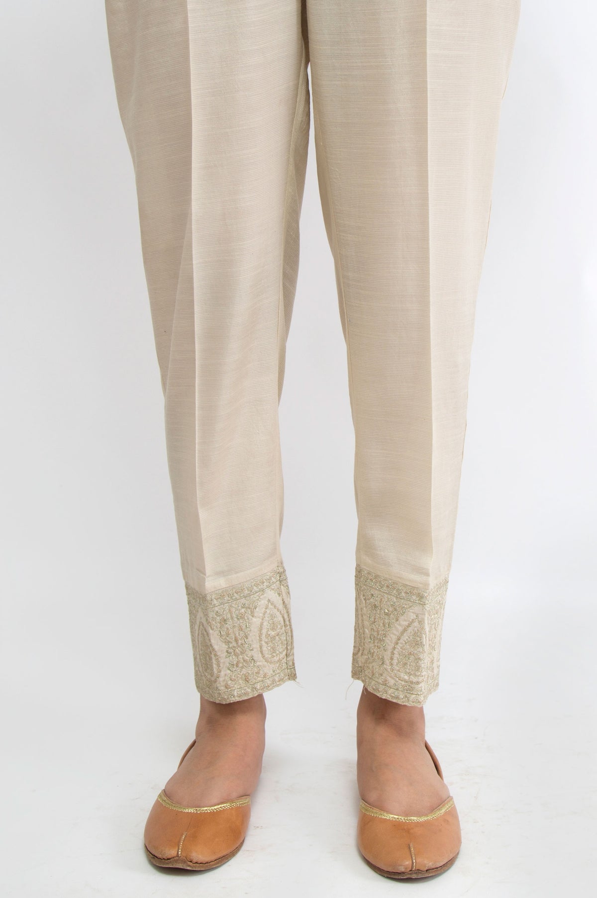 Embroidered Raw Silk Pants - Light Beige