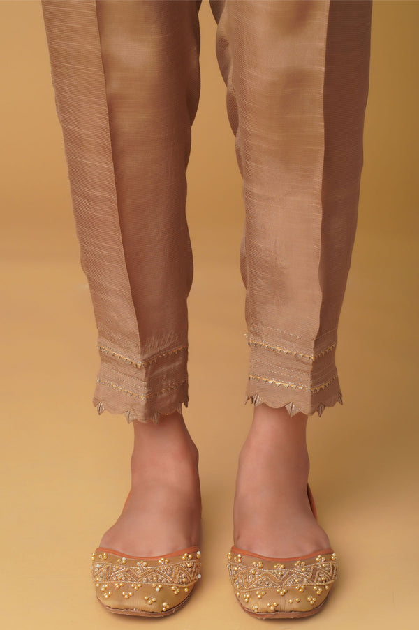 Embellished Rawsilk Cigeratte Pants - Gold