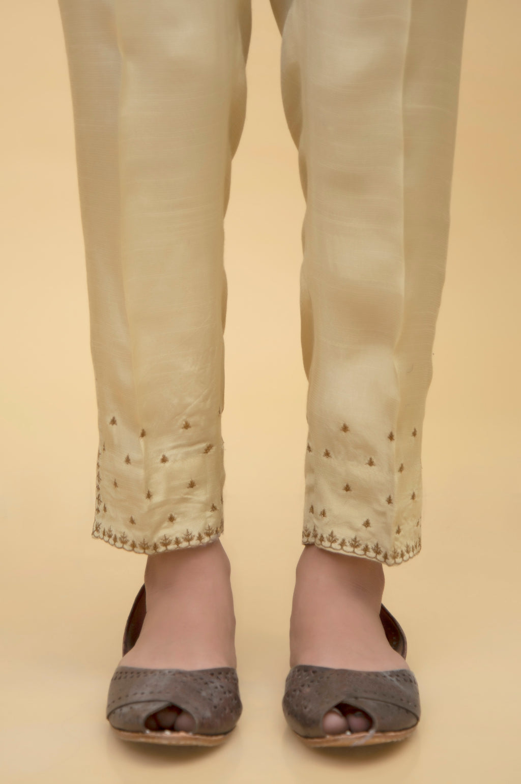 Embroidered Rawsilk Cigarette Pants Gold - Main Image