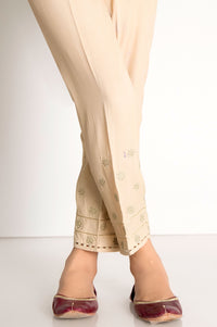 Embroidered Raw Silk Cigarette Pants  - Beige