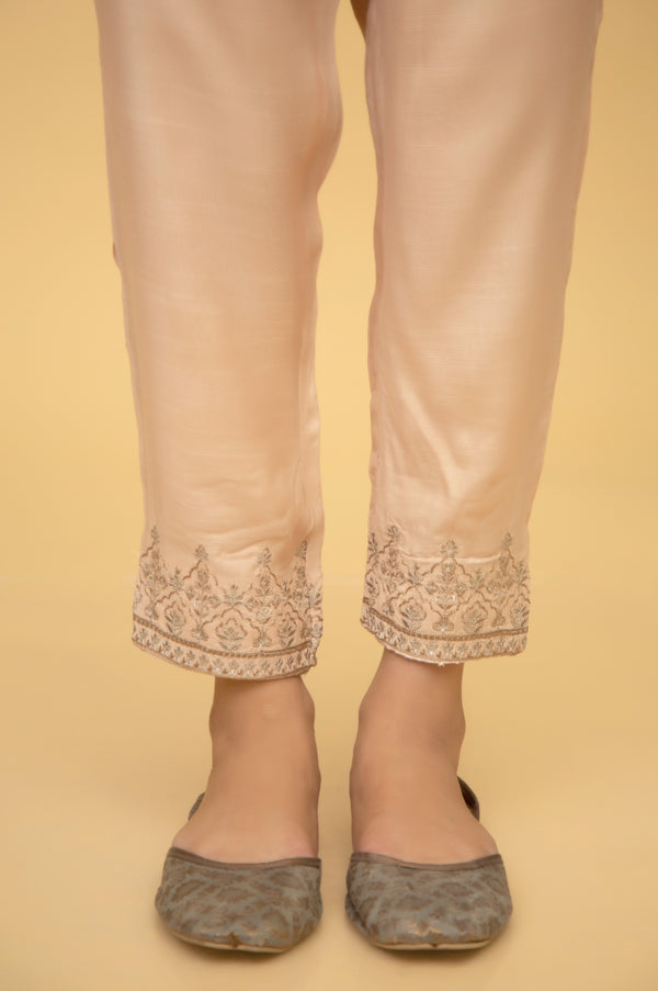 Embroidered Rawsilk Pants - Beige