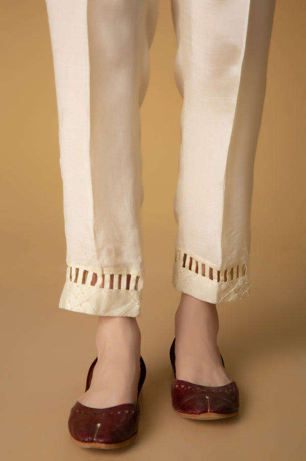 Embellished Rawsilk Cigarette Pants- Off White