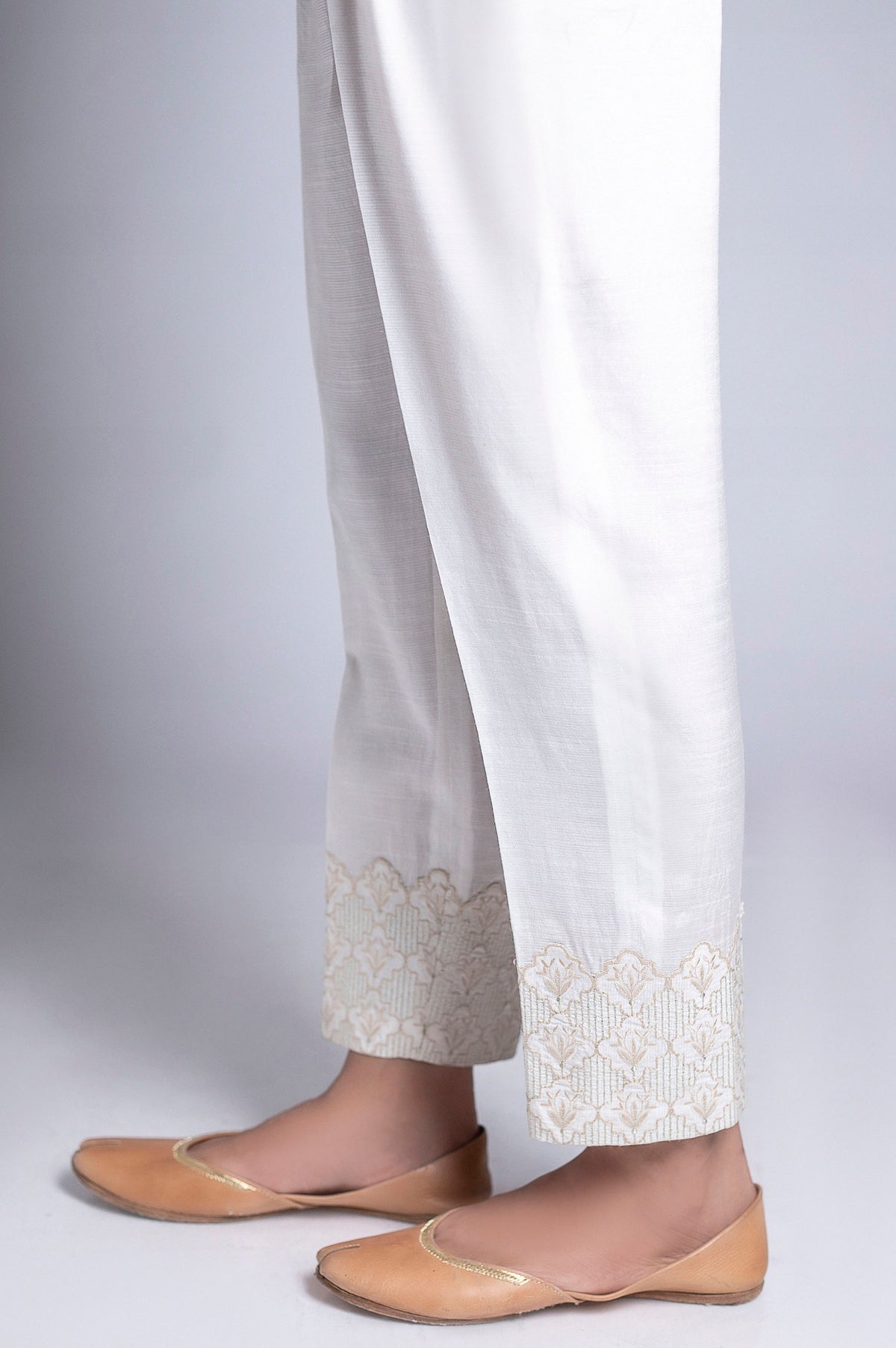 Embroidered Raw Silk Pants - White