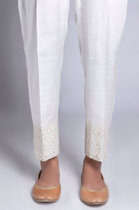 Embroidered Raw Silk Pants - White