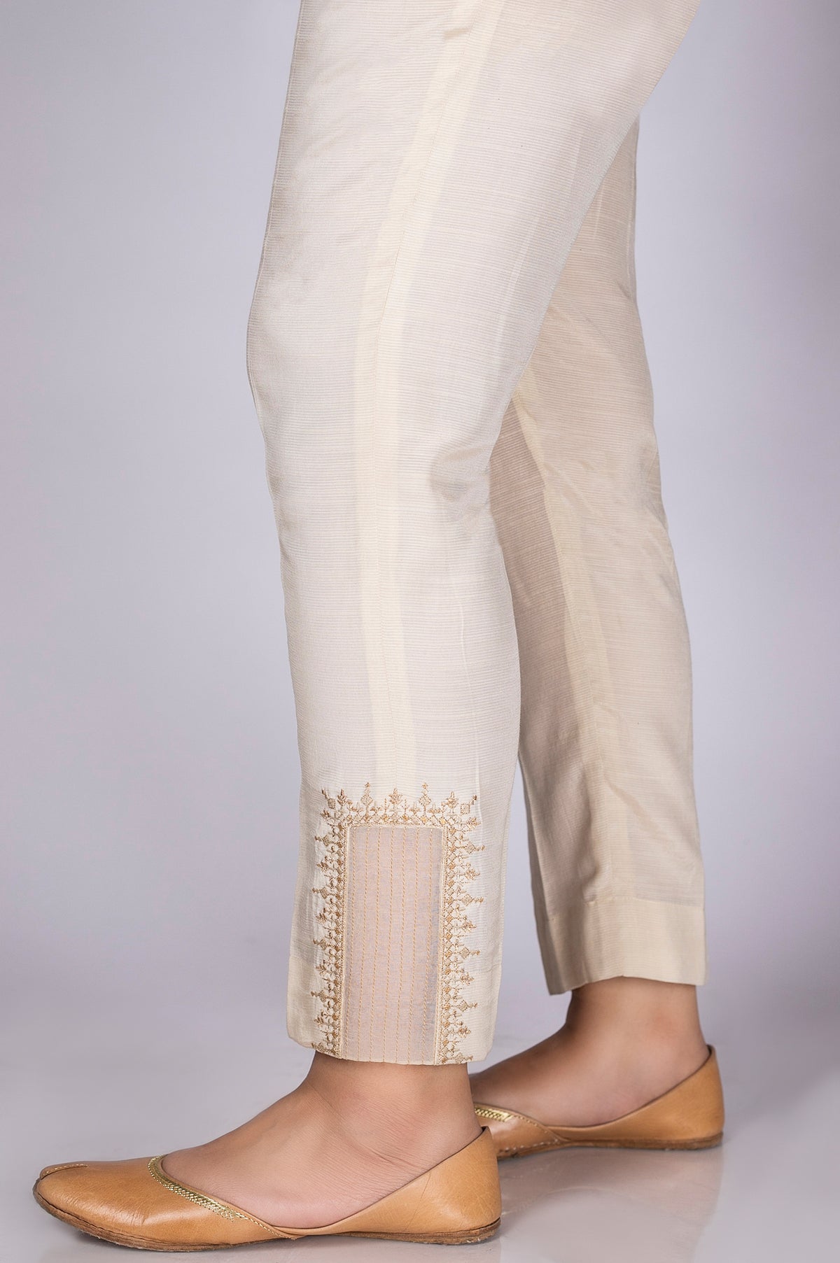Embroidered Cigarette Pants - Light Beige