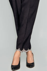 Embroidered Raw Silk Pants - Black