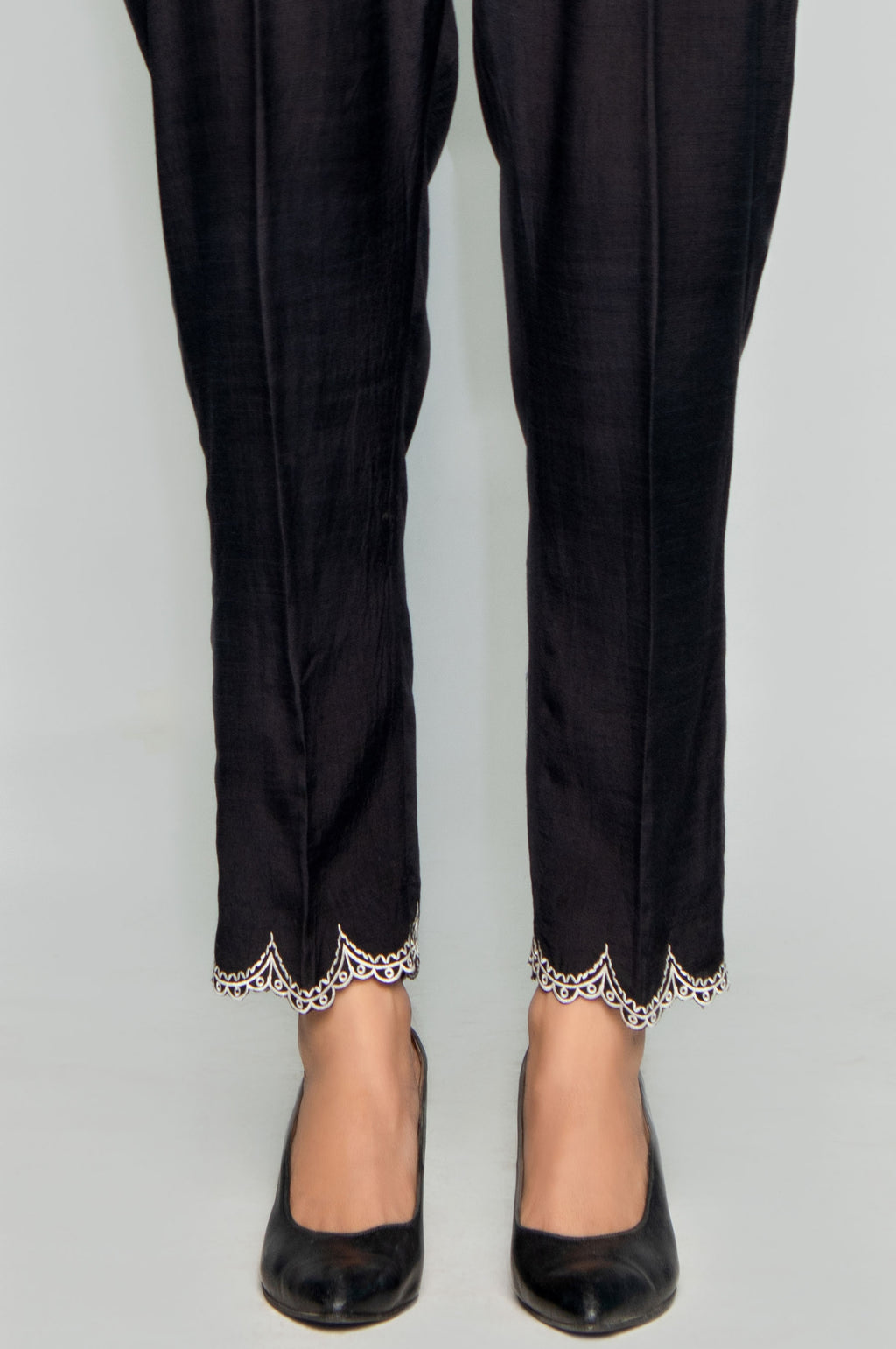 Embroidered Raw Silk Pants - Black