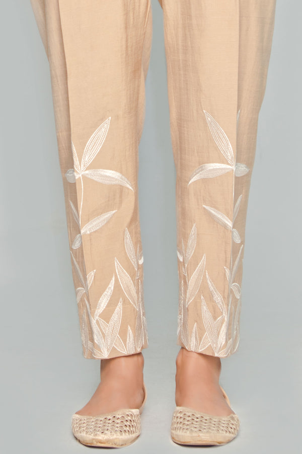 Embroidered Cotton Slub Cigarette Pants - Beige. – Zeenwoman