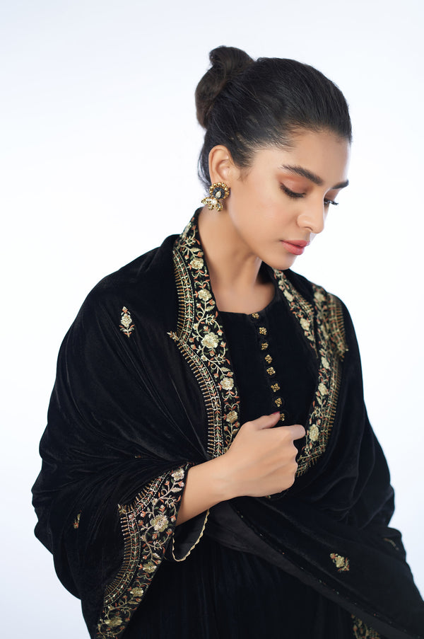 Velvet Embroidered Shawl - Black Pearl