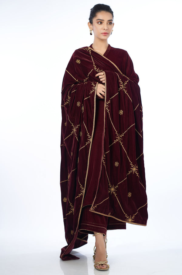 Velvet Embroidered Shawl - Maroon