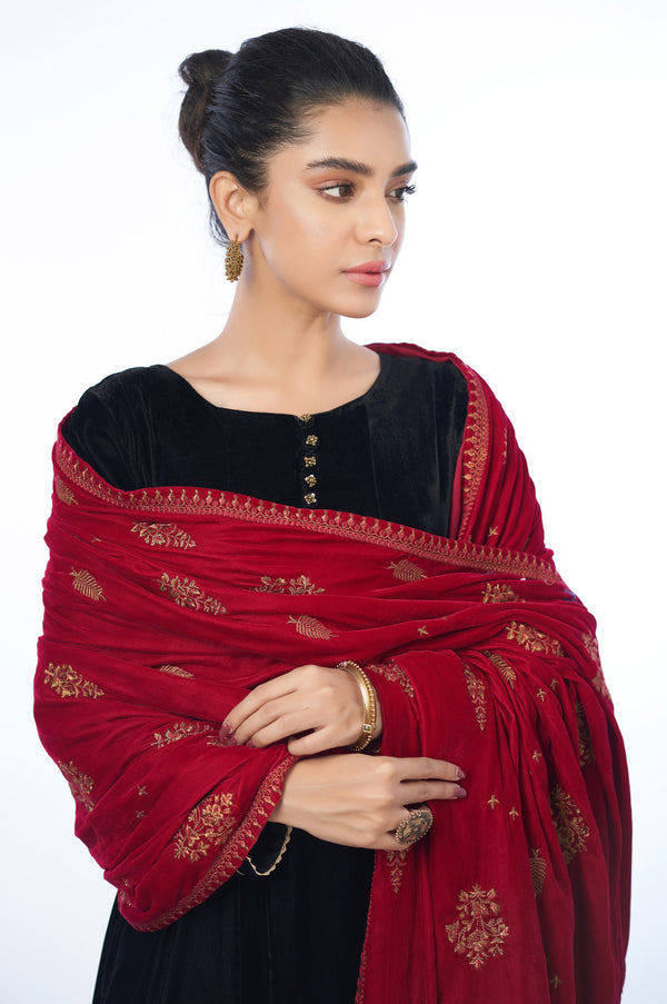 Velvet Embroidered Shawl - Fushcia