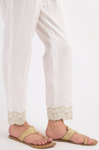 Embroidered Cotton Satin Pants - White