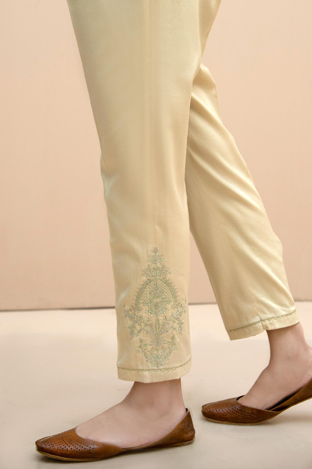 Embroidered Cotton Satin Cigarette Pants  - Beige