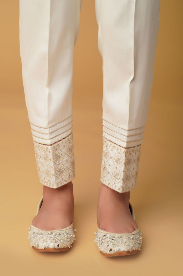 Embroidered Cotton Satin Pants - White