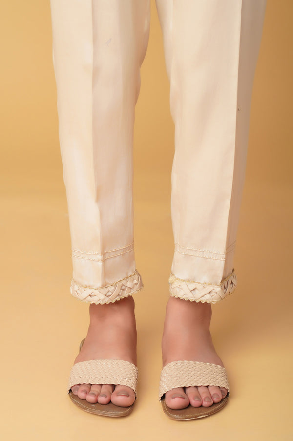 Embellished Cotton Satin Pants - Beige