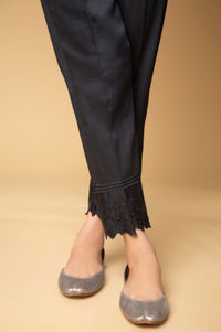 Embroidered Cotton Satin Pants - Black