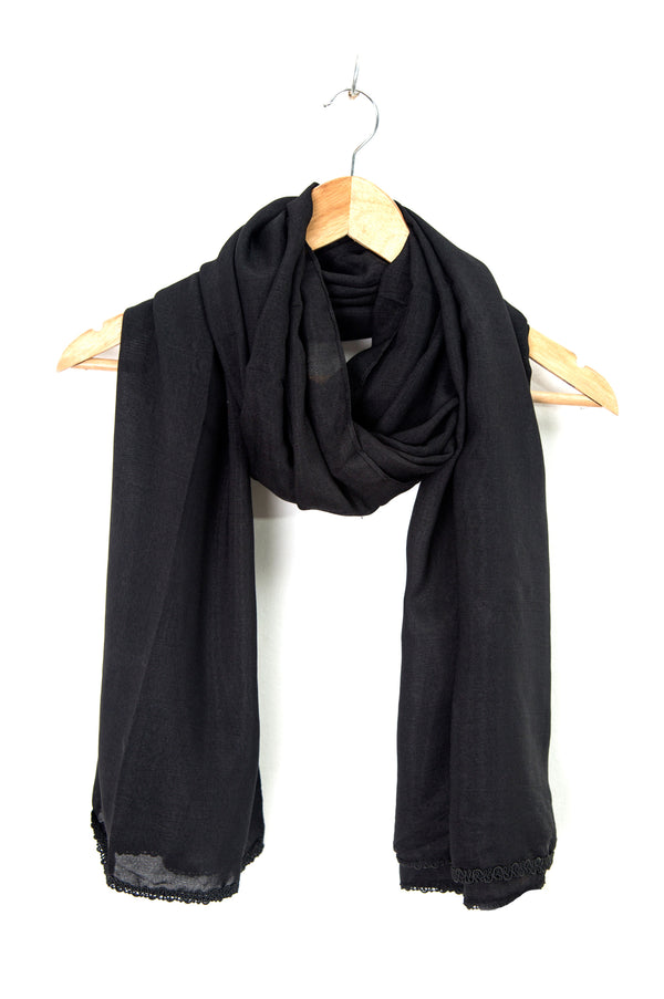 Lace trimmed Solid Scarf - Black