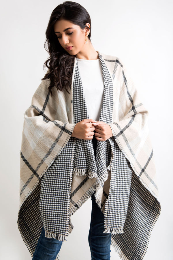 Checkered Reversible Poncho Shawl