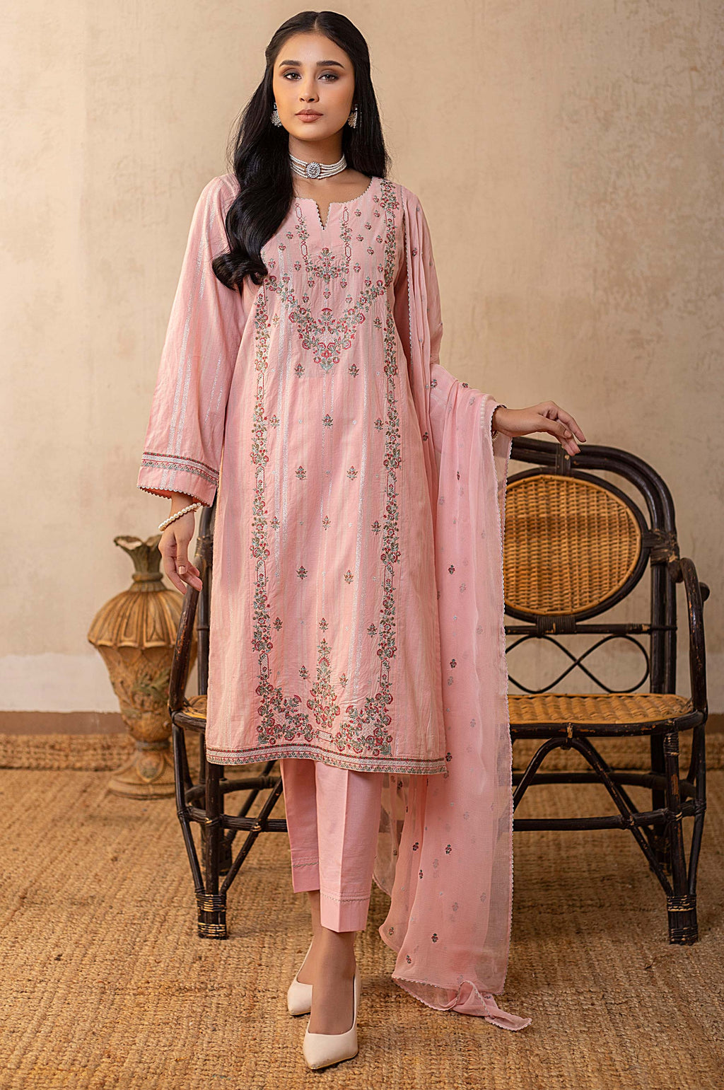 2 Piece Unstitched Embroidered Zari Cotton Suit