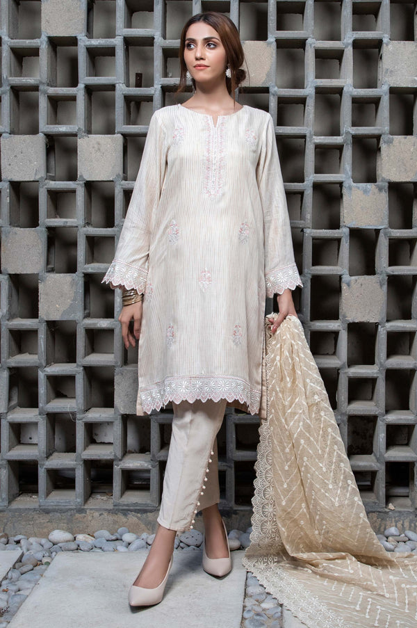 3 PC Unstitched Suit-Fabric: Striped Khadi Net