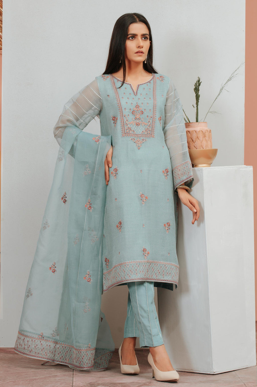 3 PC Unstitched Suit-Fabric: Checkered Organza