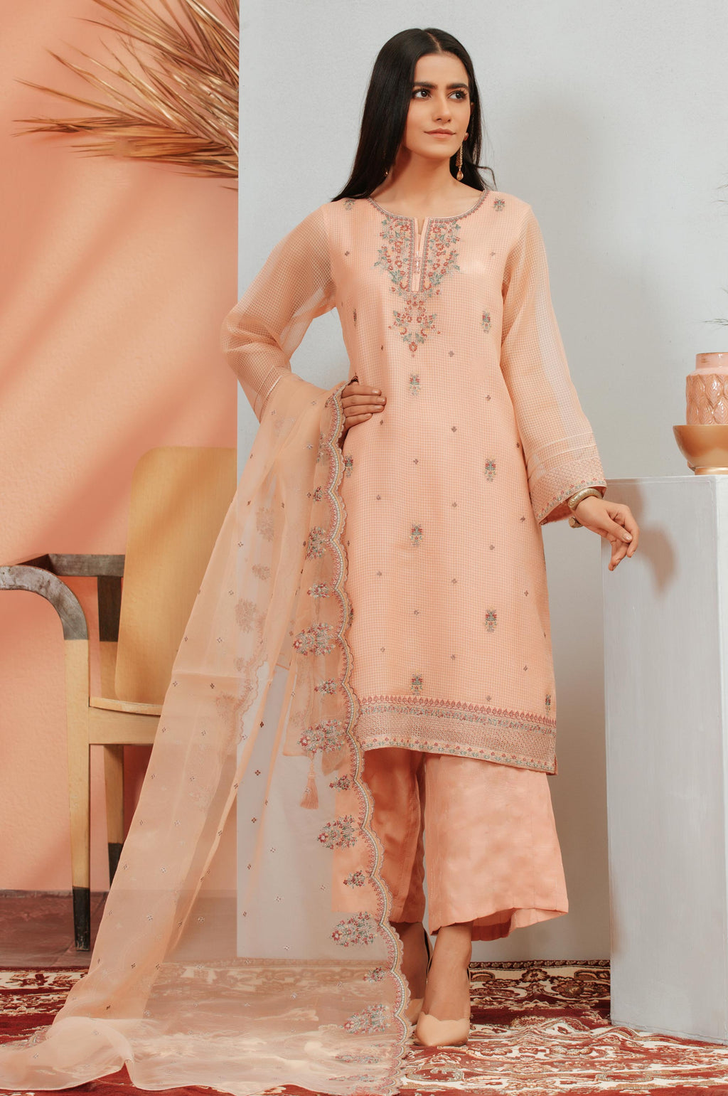 3 PC Unstitched Suit-Fabric: Checkered Organza