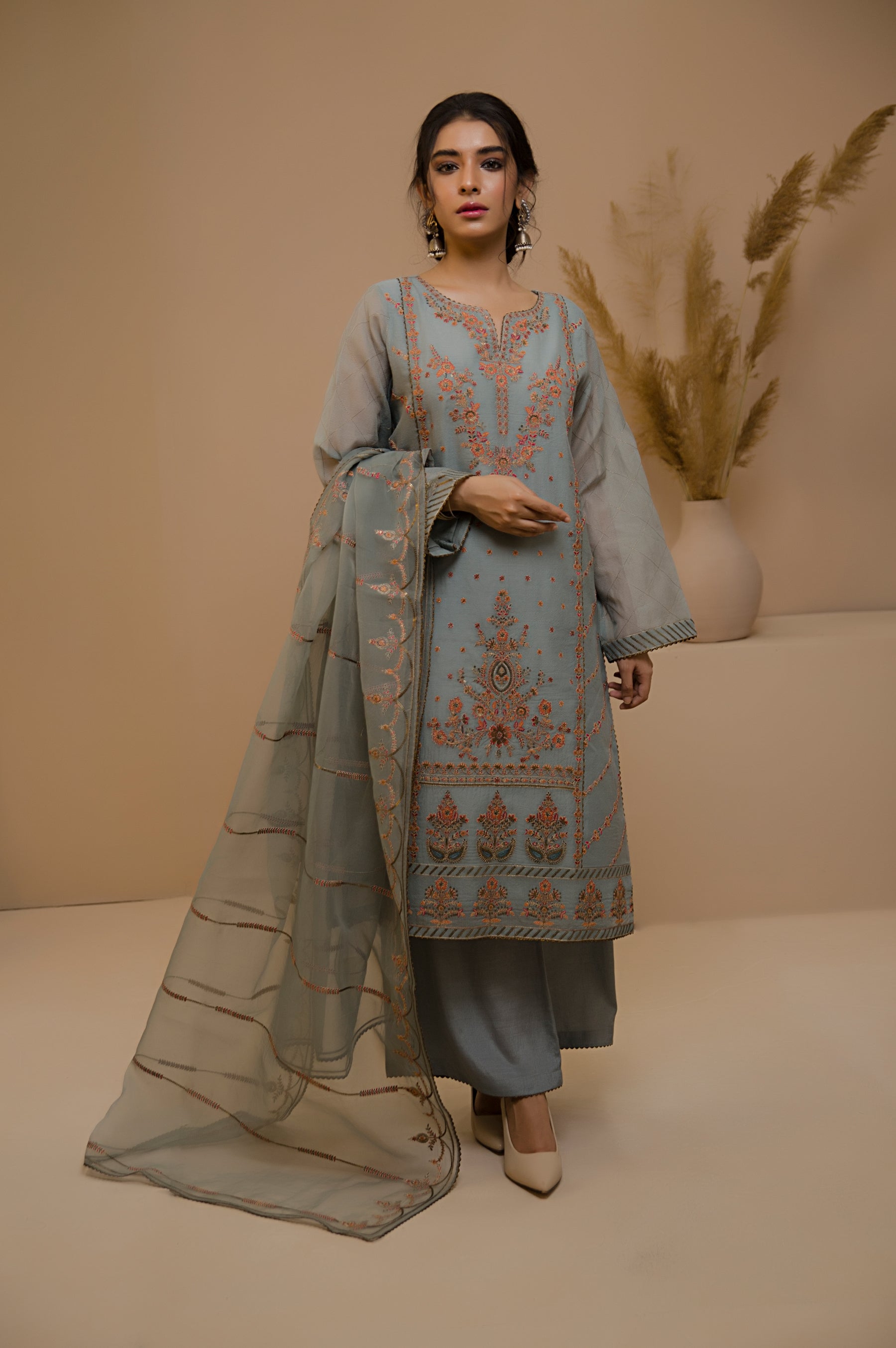 3 Piece Unstitched Checkered Organza Suit with Organza Dupatta