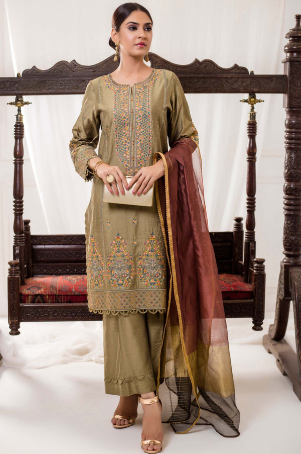 3 Piece Unstitched Embroidered Cotton Silk Suit
