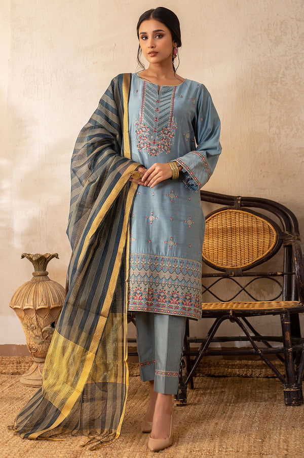 3 Piece Unstitched Embroidered Cotton Silk Suit