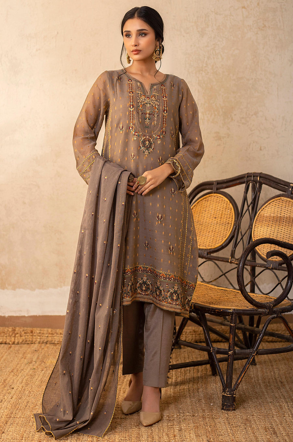 3 Piece Unstitched Embroidered Jacquard Khaddi Net Suit
