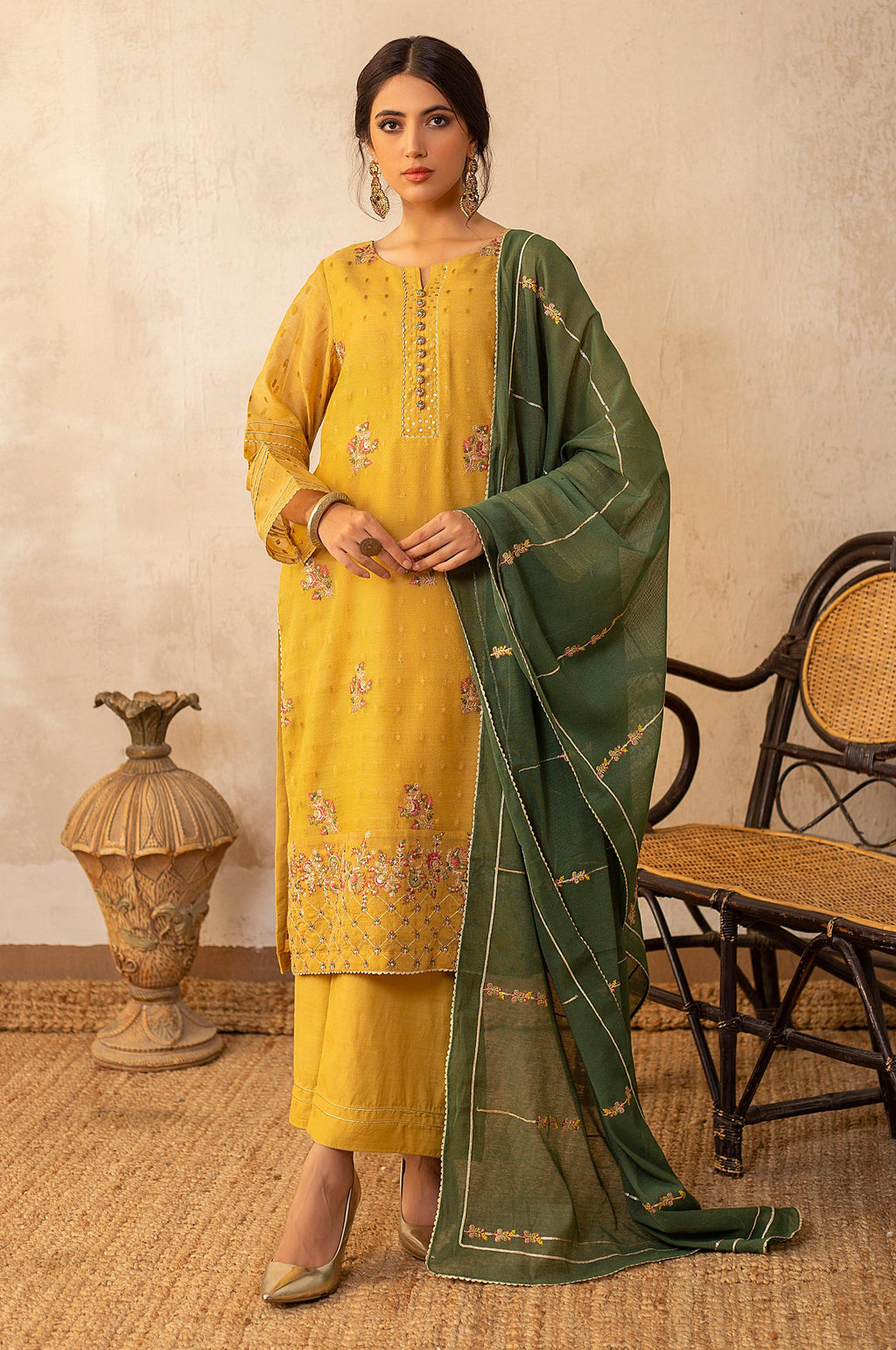 3 Piece Unstitched Embroidered Jacquard Khaddi Net Suit