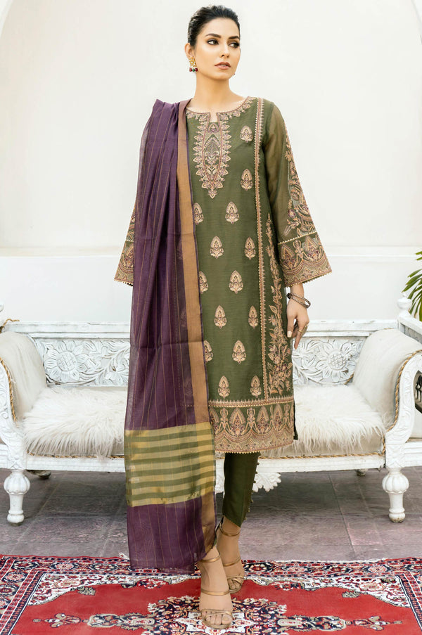 3 Piece Unstitched Embroidered Khaddi Net Suit