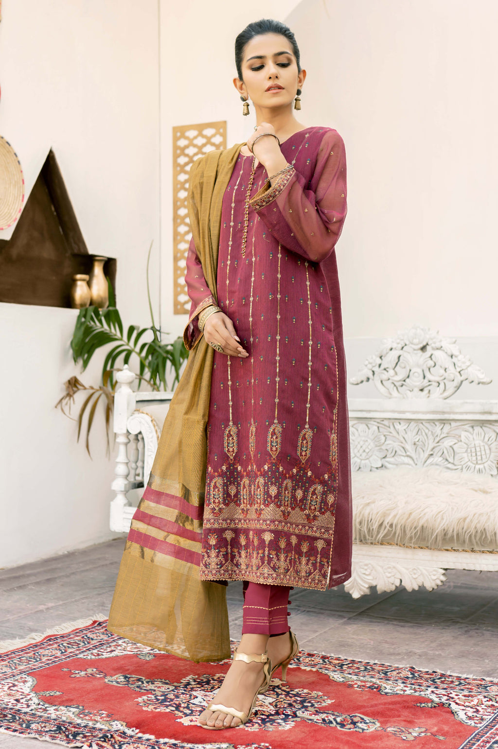 3 Piece Unstitched Embroidered Khaddi Net Suit