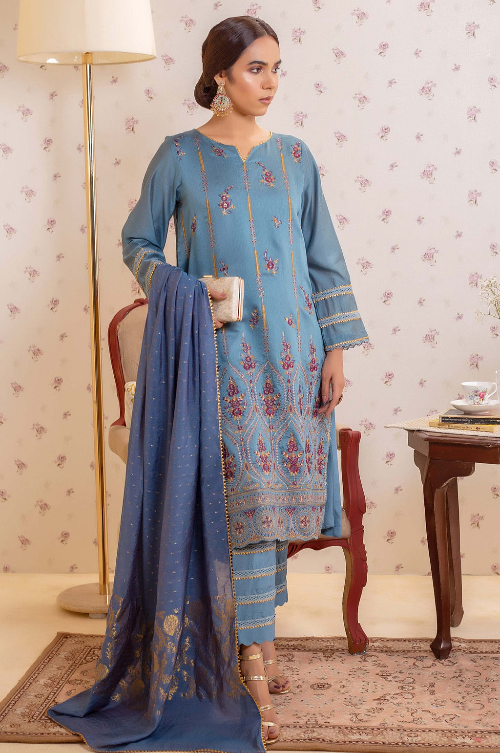 3 Piece Unstitched Embroidered Cotton Net Suit