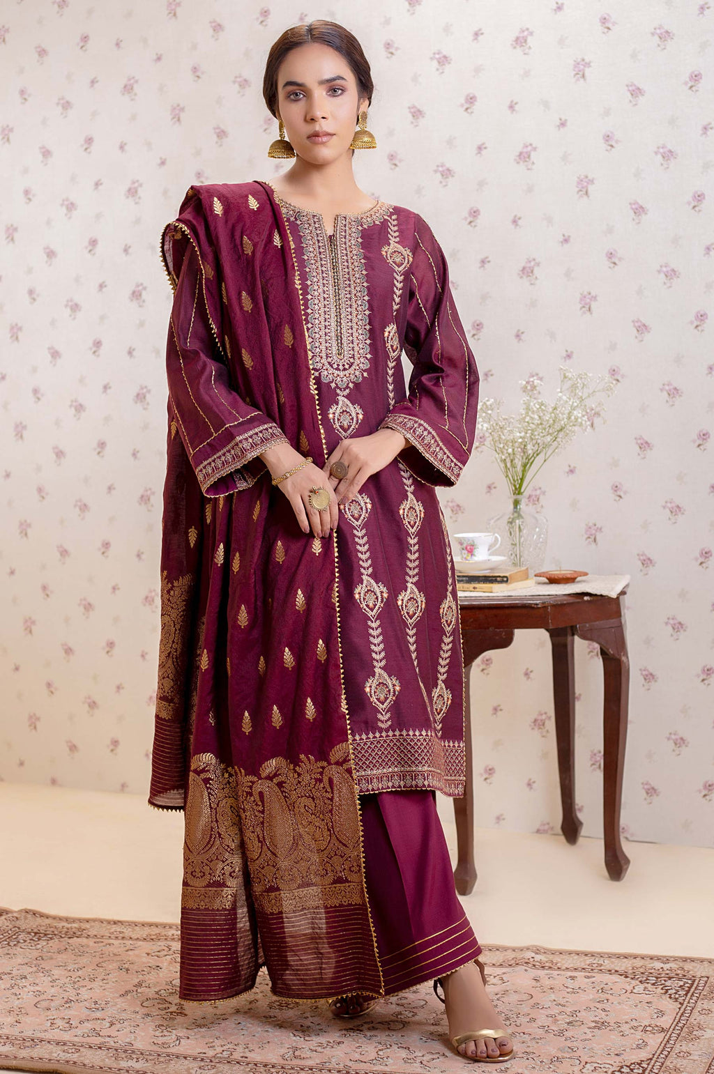 3 Piece Unstitched Embroidered Cotton Net Suit