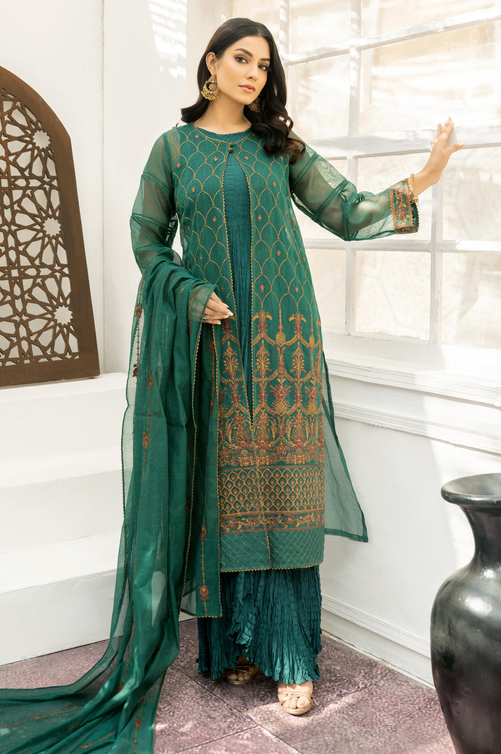 3 Piece Unstitched Embroidered Khaddi Net Suit