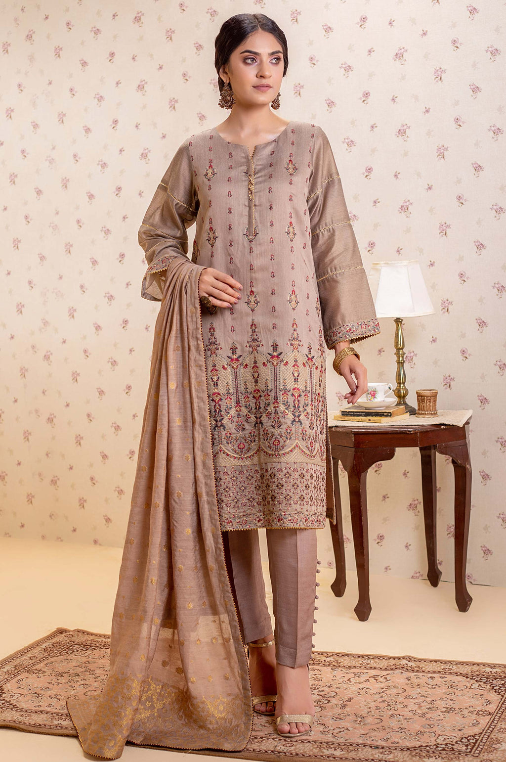 3 Piece Unstitched Embroidered Cotton Net Suit