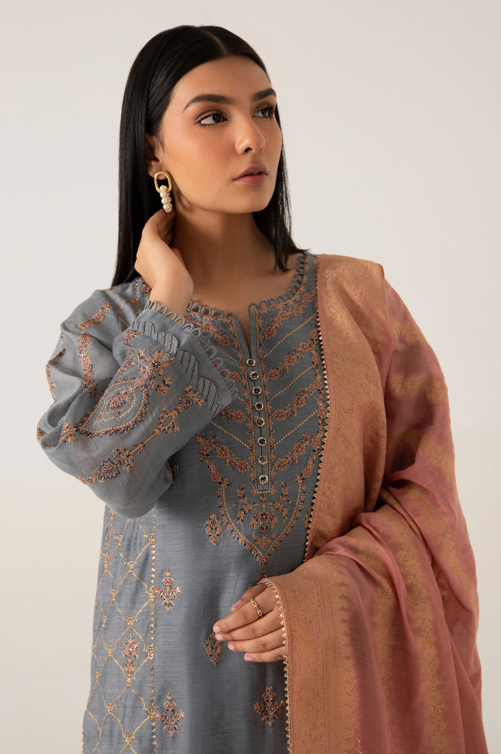 3 Piece Unstitched Embroidered Cotton Net Suit