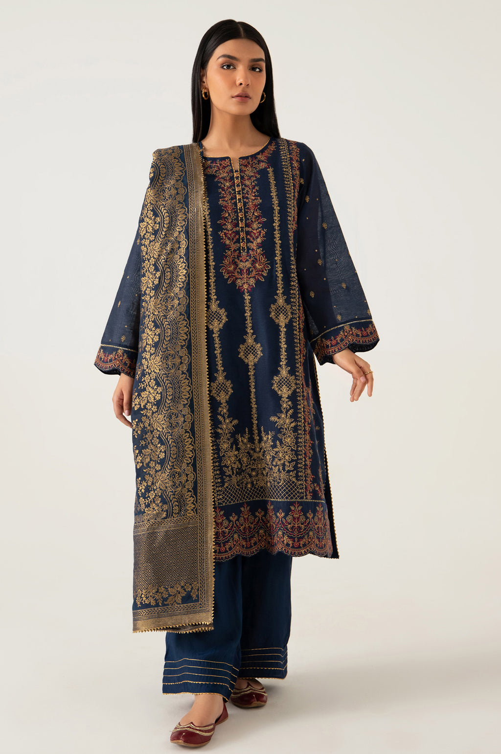 3 Piece Unstitched Embroidered Cotton Net Suit