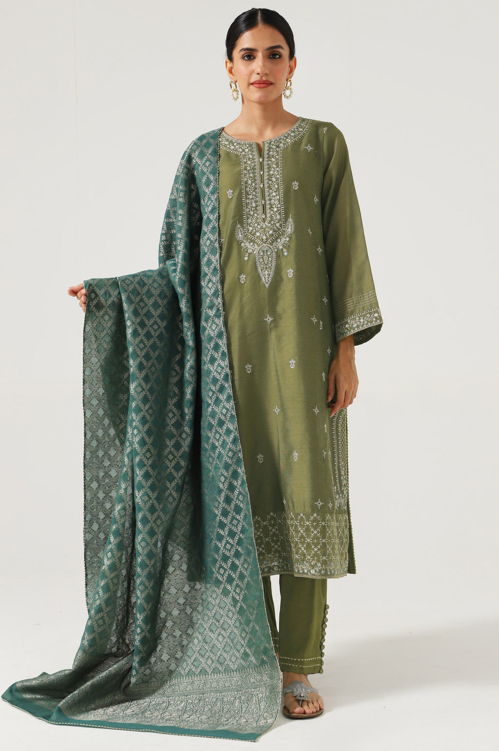 3 Piece Unstitched Embroidered Cotton net Suit