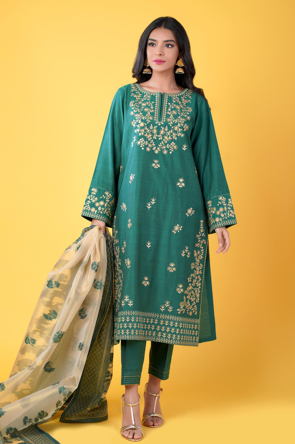 3 Piece Unstitched Embroidered Cotton Silk Suit