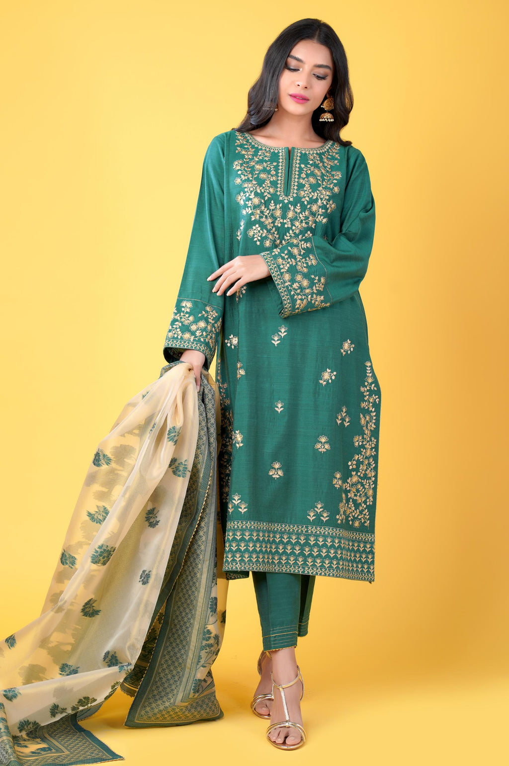 3 Piece Unstitched Embroidered Cotton Silk Suit