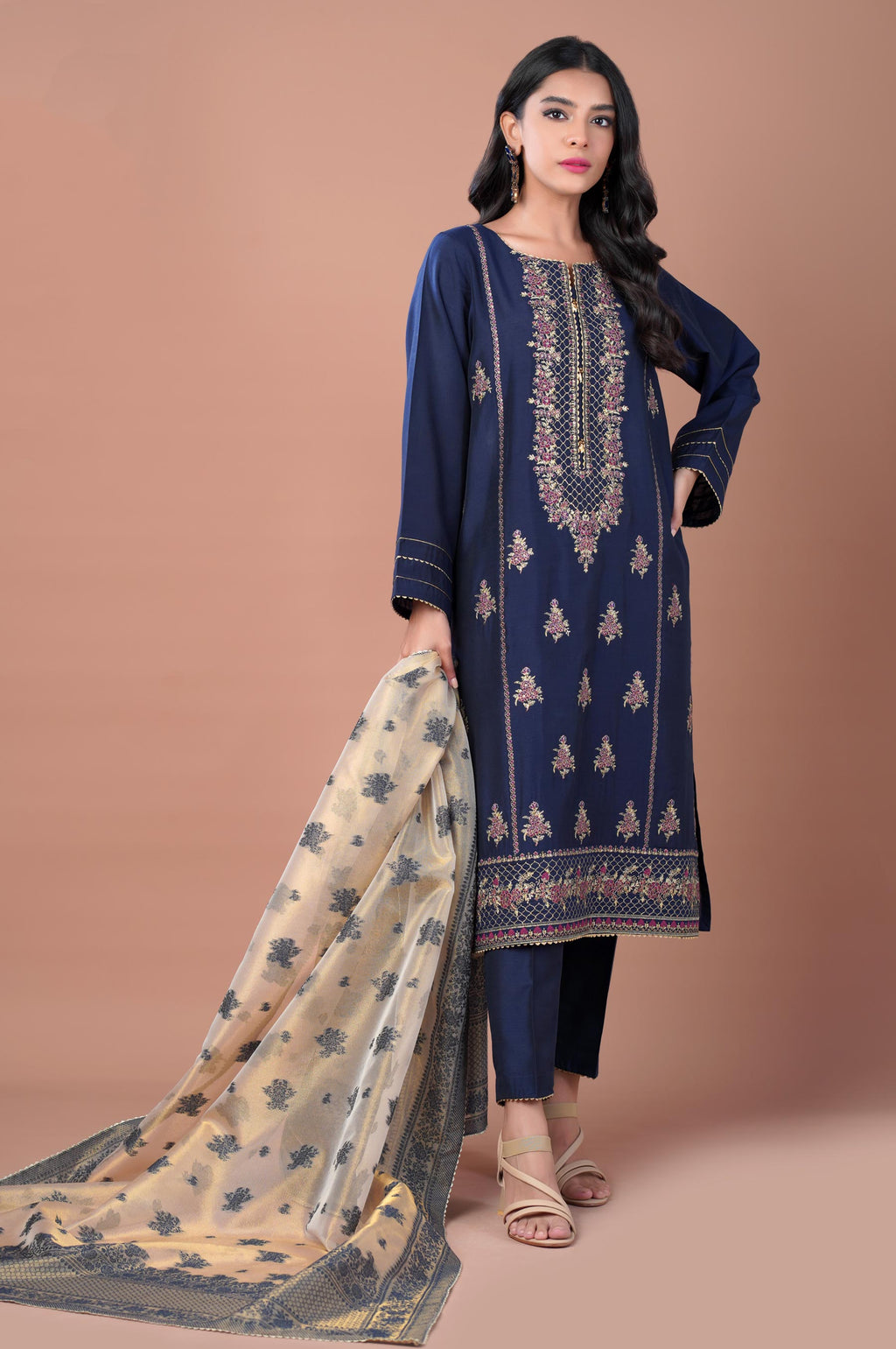 3 Piece Unstitched Embroidered Cotton Silk Suit