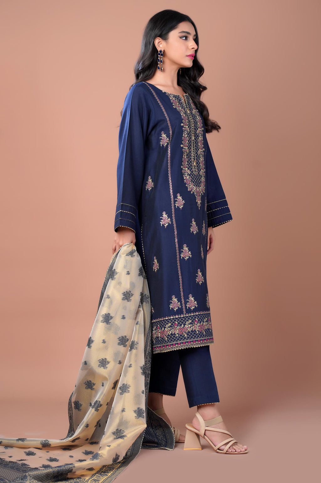 3 Piece Unstitched Embroidered Cotton Silk Suit