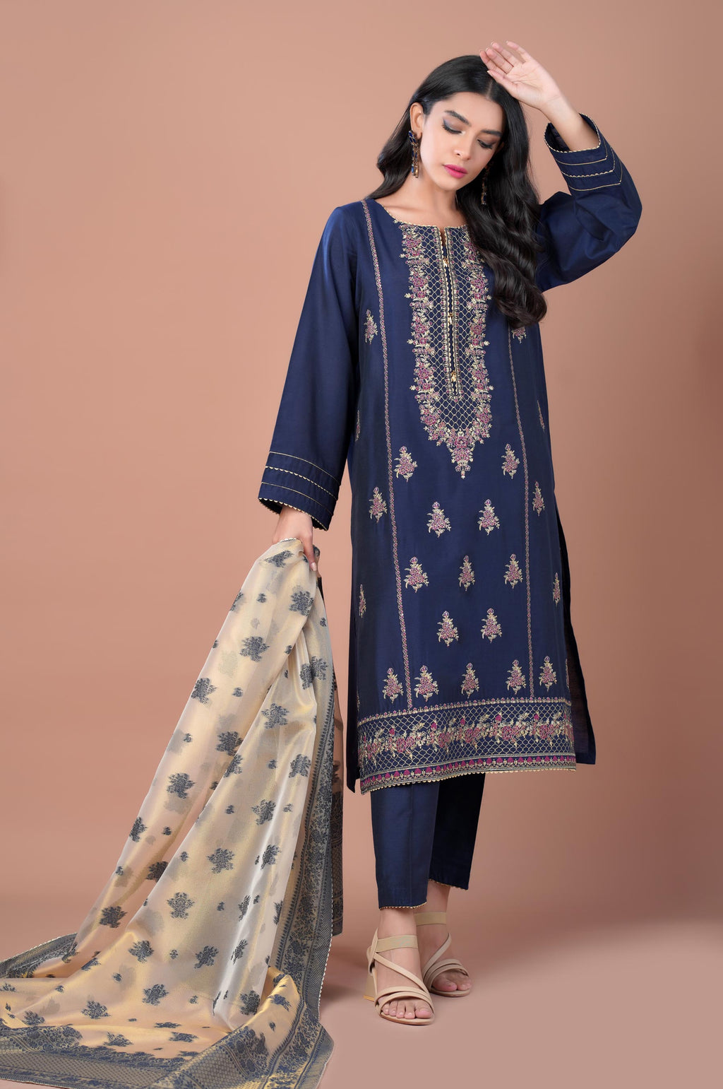 3 Piece Unstitched Embroidered Cotton Silk Suit